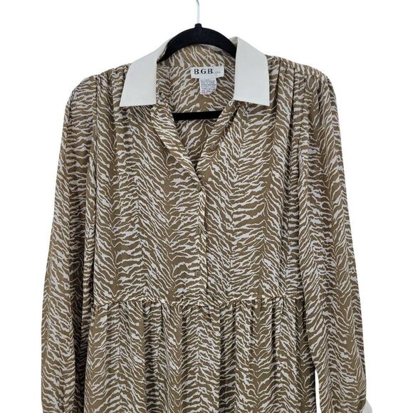 Vtg 70s Tan Zebra Long Sleeve Collared Midi Dress Sz S Sheer Modest Church - Picture 4 of 10